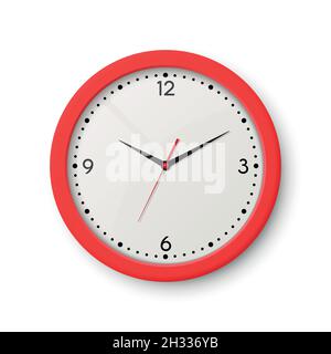 Vector 3d Realistic Red Wall Office Clock Isolated on White. White Dial. Design Template of Wall Clock Closeup. Mock-up for Branding, Advertise. Top Stock Vector