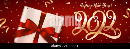 Happy New Year! Horizontal banner with lettering 2022. Holiday vector illustration with hand drawn figures, gift box and golden confetti. Stock Vector