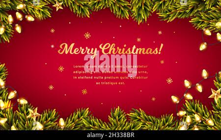 Merry Christmas background with fir tree branches, luminous garland lights and place for text. Horizontal banner or greeting card with copy space. Stock Vector