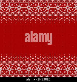 Knitted background with snowflakes and copyspace. Red and white  pattern for Christmas, New Year or winter design. Sweater border ornaments Stock Vector