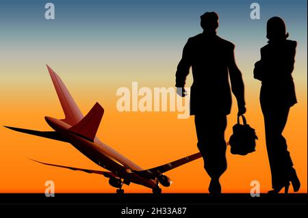 Airliner at runway. Available EPS-8 vector format separated by groups and layers for easy edit Stock Vector