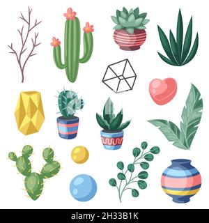 Set of cactuses and succulents. Decorative spiky flowering cacti and plants in flowerpots. Stock Vector