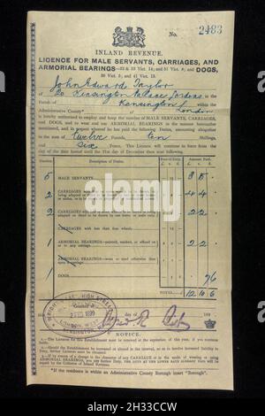 Replica copy of a Victorian era Inland Revenue Notice Licence for male servants and carriages (1899). Stock Photo
