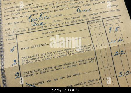 Replica copy of a Victorian era Inland Revenue Notice Licence for male servants and carriages (1899). Stock Photo