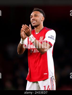 File photo dated 22-10-2021 of Arsenal's Pierre-Emerick Aubameyang. Mikel Arteta believes there has been a 'click' with Pierre-Emerick Aubameyang as he praised the way the Arsenal captain has recently embraced his role within the squad. Issue date: Monday October 25, 2021. Stock Photo