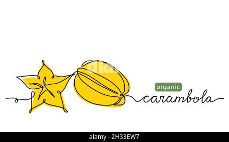 Carambola fruit simple color vector illustration. One continuous line art drawing with lettering organic carambola fruit Stock Vector