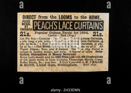 Victorian era advert (replica) for Peach's Lace Curtains. Stock Photo
