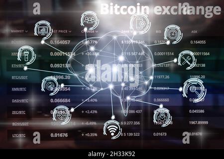 Polygonal brain shape of an artificial intelligence with various icon of smart city Internet of Things Technology over Cryptocurrency Bitcoin exchange Stock Photo