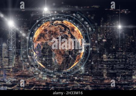 particle earth with technology network circle over the photo blurred of cityscape background, technology and innovation, futuristic and cloud computin Stock Photo