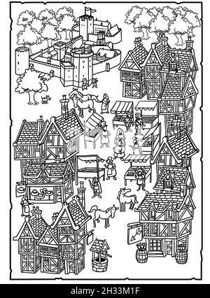 Pen and ink illustration of Medieval Nottingham, with castle, old market square, half-timber houses, food stalls. Suit book illustration, educational Stock Photo