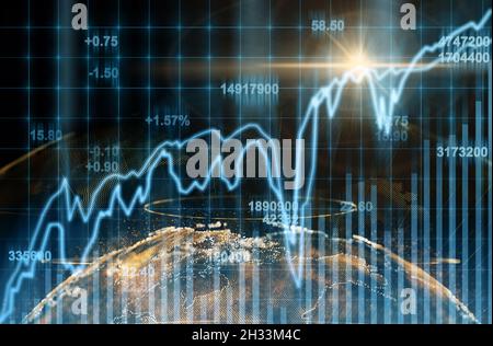 Abstract planet earth particle over the Stock market chart,Closeup Stock market exchange data on LED display, business and technology trading concept Stock Photo