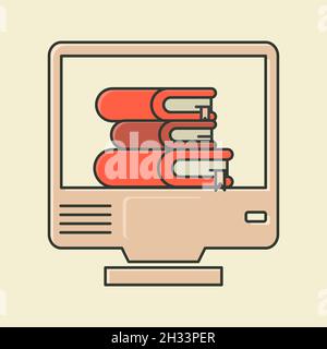 Computer with Books icon. Online learning, education, ebook concept. Flat style illustration. Isolated. Stock Vector