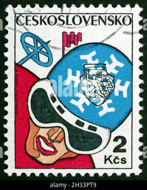 CZECHOSLOVAKIA - CIRCA 1977: a stamp printed in Czechoslovakia shows Downhill Skiing, Winter Sport, circa 1977 Stock Photo