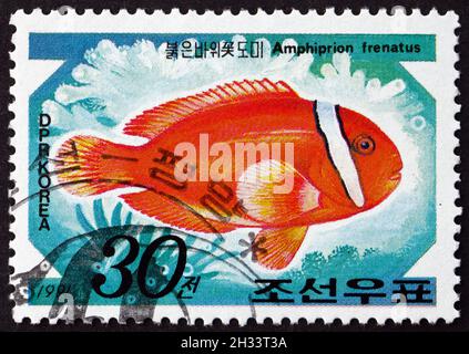 NORTH KOREA - CIRCA 1991: a stamp printed in North Korea shows tomato clownfish, amphiprion frenatus, is a species of marine fish native to the waters Stock Photo