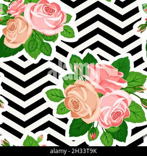 Floral seamless background with black and white geometric pattern and Bouquets of pink and beige roses Stock Vector