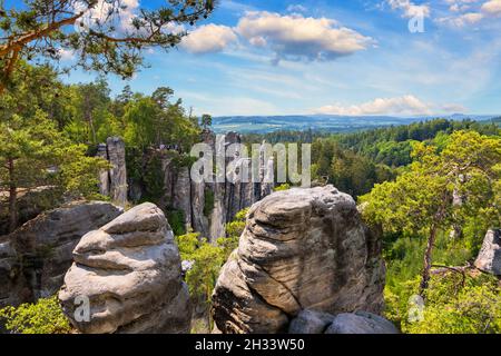 Prachov rocks (Prachovske skaly) in Cesky Raj region, Czech Republic. Sandstone rock formation in vibrant forest. Prachov Rocks, Czech: Prachovske ska Stock Photo