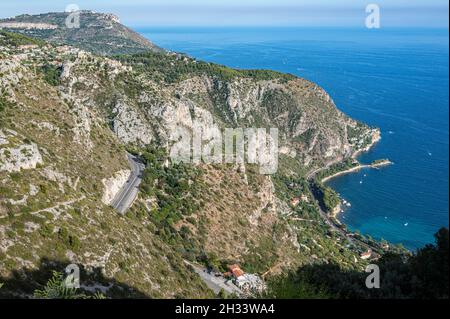 The view from the upper corniches (panoramic road) linking Nice and Menton near the village of Èze on the Riviera coast Stock Photo