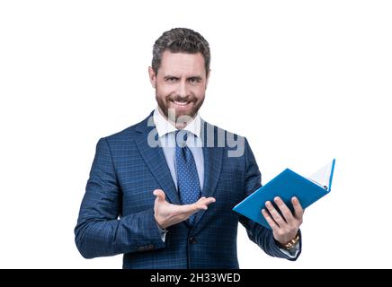 presenting product. boss examine business report isolated on white. mature man hold planner. Stock Photo