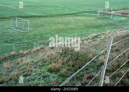 Rural  soccer ground, Wesertal, Gewissenruh, Weser Uplands, Weserbergland, Hesse, Germany Stock Photo