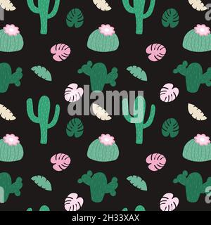 Seamless pattern with different green cacti and leaves Stock Vector