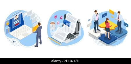 Isometric man analyzes the database of employees or personnel. Protection of personal data. Data processing. HR manager. Artificial intelligence Stock Vector