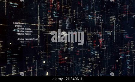 Cyberspace with numbers and data. Animation. Lots of flying numbers and codes in cyberspace on dark background. Mixing computer data in cyberspace Stock Photo