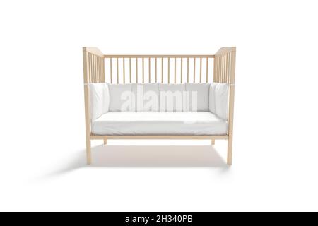 Blank wood cot with white crib sheet, protective bumpers mockup Stock Photo