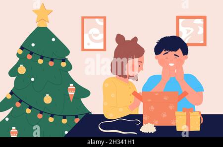 Children open Christmas gift, happy kids with present vector illustration. Cartoon excited little girl boy characters opening xmas surprise gift box near cute Christmas tree at home background Stock Vector