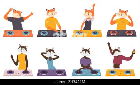 Animal crazy fox dj set vector illustration. Cartoon funny dj playing on music fun party discotheque in nightclub, hipster fox character standing at turntable, drinking beer isolated on white Stock Vector
