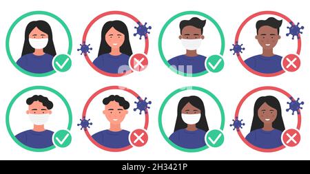 Coronavirus medical protection infographic vector illustration set. Cartoon round avatars icons with man woman characters wearing mask to protect health, against attack of corona virus cells in air Stock Vector