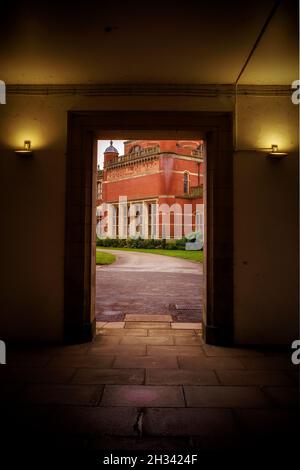 An exterior view of the Great Hall at Birmingham University from an open doorway looking across the grounds. Stock Photo