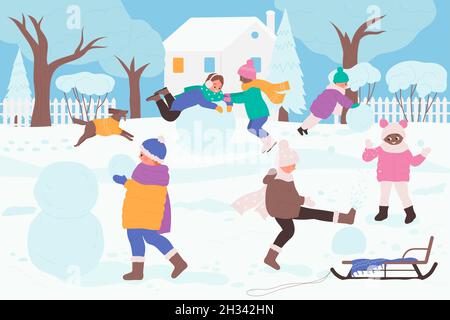 Kids play in winter snowy park, make snowman vector illustration. Cartoon boy girl friends characters playing game, child rolling snow balls and jumping. Winter season fun activity concept background Stock Vector