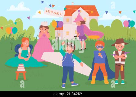 Cute kids on carnival party vector illustration. Cartoon children group of characters wearing masquerade costumes, girls in princess dress, witch with broom, cowboy and superhero boy have fun outdoor Stock Vector