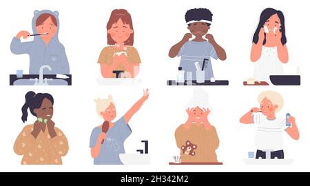 Morning daily kids routine set vector illustration. Cartoon hygiene of child characters in home bathroom collection, little children brush teeth and wash face, girl holding comb isolated on white Stock Vector