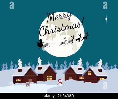 Christmas night landscape full moon with flying santa claus, christmas card Stock Vector