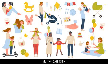Parents and kids spend fun time together set vector illustration. Cartoon mother and boy ride scooter, father hugging child, mom walking with baby in stroller isolated on white. Happy family concept Stock Vector