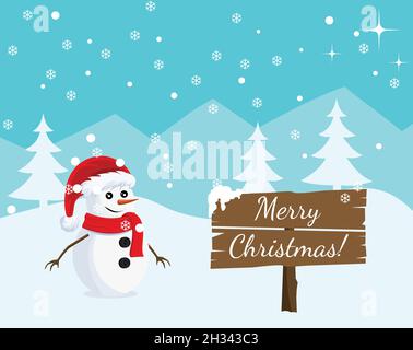 Happy New Year and Merry Christmas day landscape card design with snowman bear. Winter scene Stock Vector