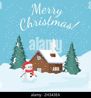 Christmas card with winter landscape and snow, tree, house and a snowman Stock Vector