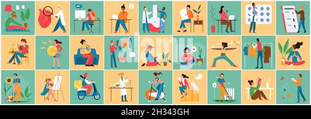 People of different professions in daily life activity vector illustration. Cartoon business, leisure or hobby scenes of woman and man characters, lifestyle concept horizontal banner background Stock Vector