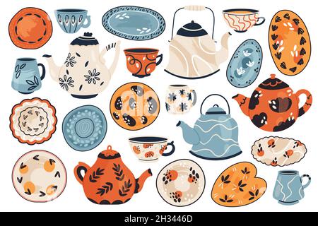 Vintage kitchen tableware set vector illustration. Cartoon retro ceramic or porcelain utensils for cooking food collection with cute mug and tea or coffee cup, teapot, plates isolated on white Stock Vector