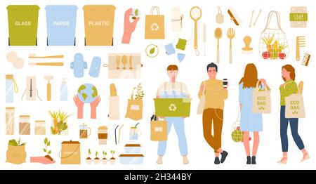 Zero waste lifestyle infographic vector illustration. Cartoon people with eco bag or sorting box, garbage recycling containers for glass plastic and paper, bamboo hygiene items isolated on white Stock Vector