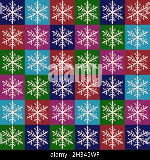 Seamless pattern consisting of bright multi-colored squares with diy cut paper snowflake in middle of each of them. Creative New Year or Christmas sea Stock Photo