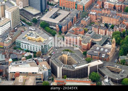 Aerial image of Maid Marian Way and Derby Road in Nottingham City, Nottinghamshire England UK Stock Photo