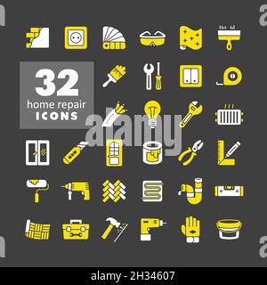 Set of building construction and home repair icons on dark background. Vector design and illustration Stock Vector