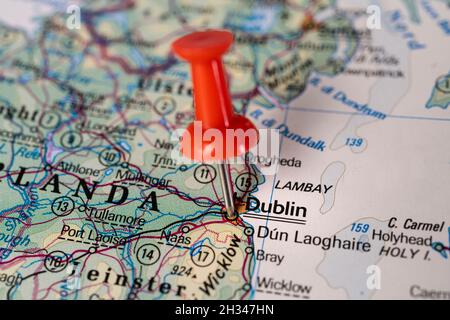 Dublin, Ireland pinned on colorful political map. Geopolitical school atlas. Stock Photo