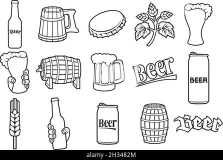 Beer line icons set (hop branch, wooden barrel, hand holding glass, can, bottle cap, mug, bottle) vector illustration Stock Vector