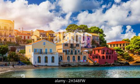 Turquoise Bay in Mediterranean Sea with Colorful Houses in Assos Village,  Kefalonia, Greece Royalty-Free Stock Image - Storyblocks