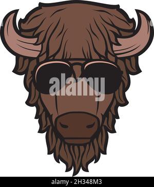 Bison head with aviator sunglasses color vector illustration Stock Vector