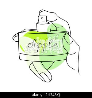 Line art perfume with green abstract shapes, flowers inside the bottle and named Apple. Vector illustration. Stock Vector