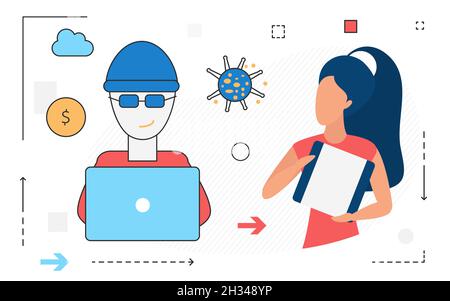 Business threats of hacker attacks, network Internet fraud and extortion. Protecting computer data from hacking, vector design Stock Vector